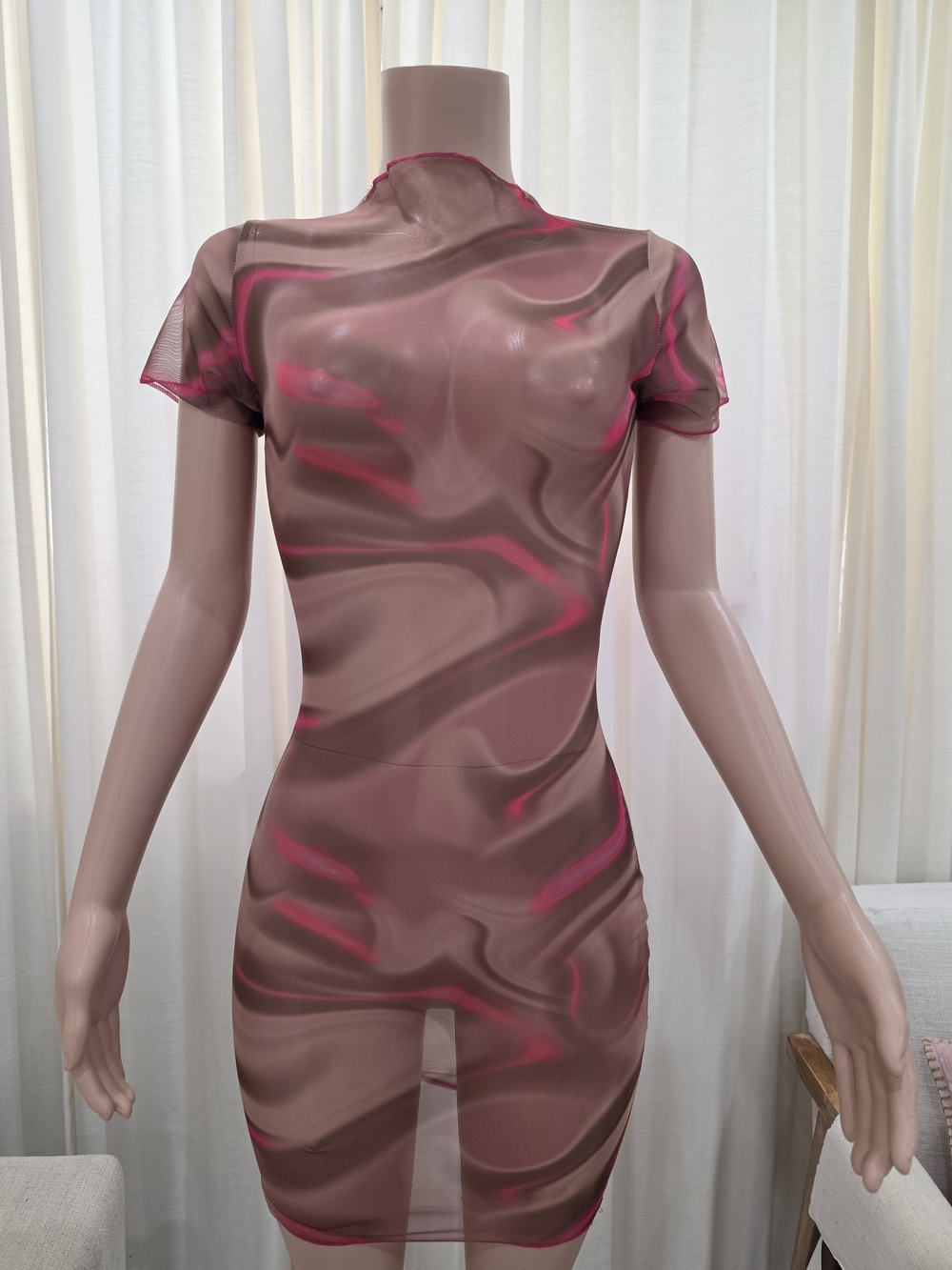 PrettyLittleThing Abstract Print Sheer Mesh Mini Dress US 6